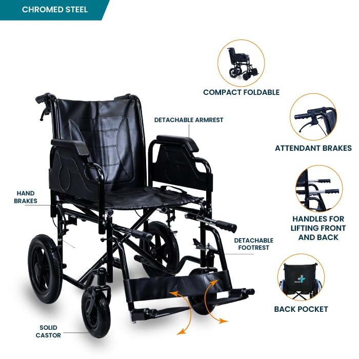 ARREX Perla Pro Wheelchair - Foldable Chromed Steel Frame, Detachable Armrest & Footrest, Hand & Attendant Brake, Back Pocket, 110kg Weight Capacity