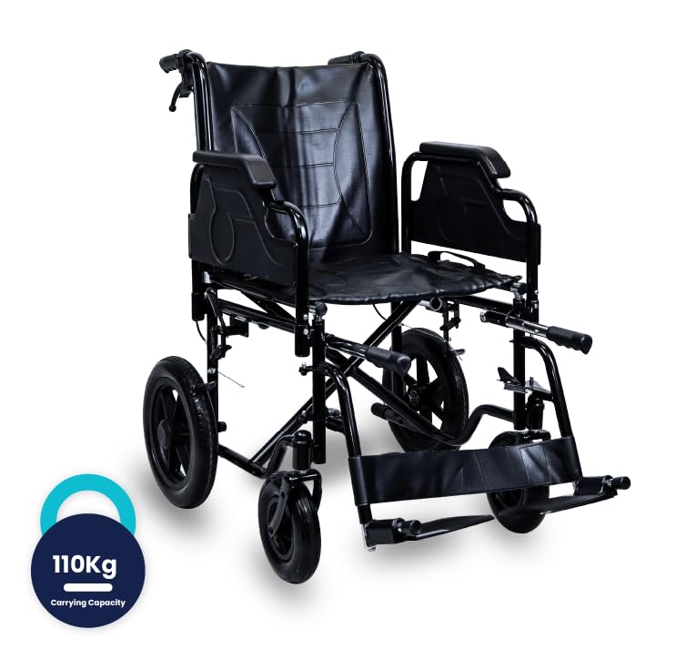 ARREX Perla Pro Wheelchair - Foldable Chromed Steel Frame, Detachable Armrest & Footrest, Hand & Attendant Brake, Back Pocket, 110kg Weight Capacity
