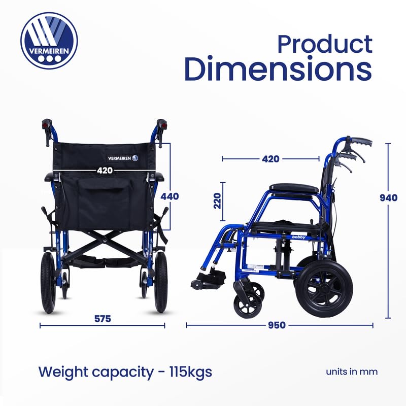 VERMEIREN Bobby Foldable Travel Wheelchair, Sturdy Frame, Light Weight & Foldable, Kids & Seniors, Upto120Kg Weight Capacity - Belgium Technology, Made in India