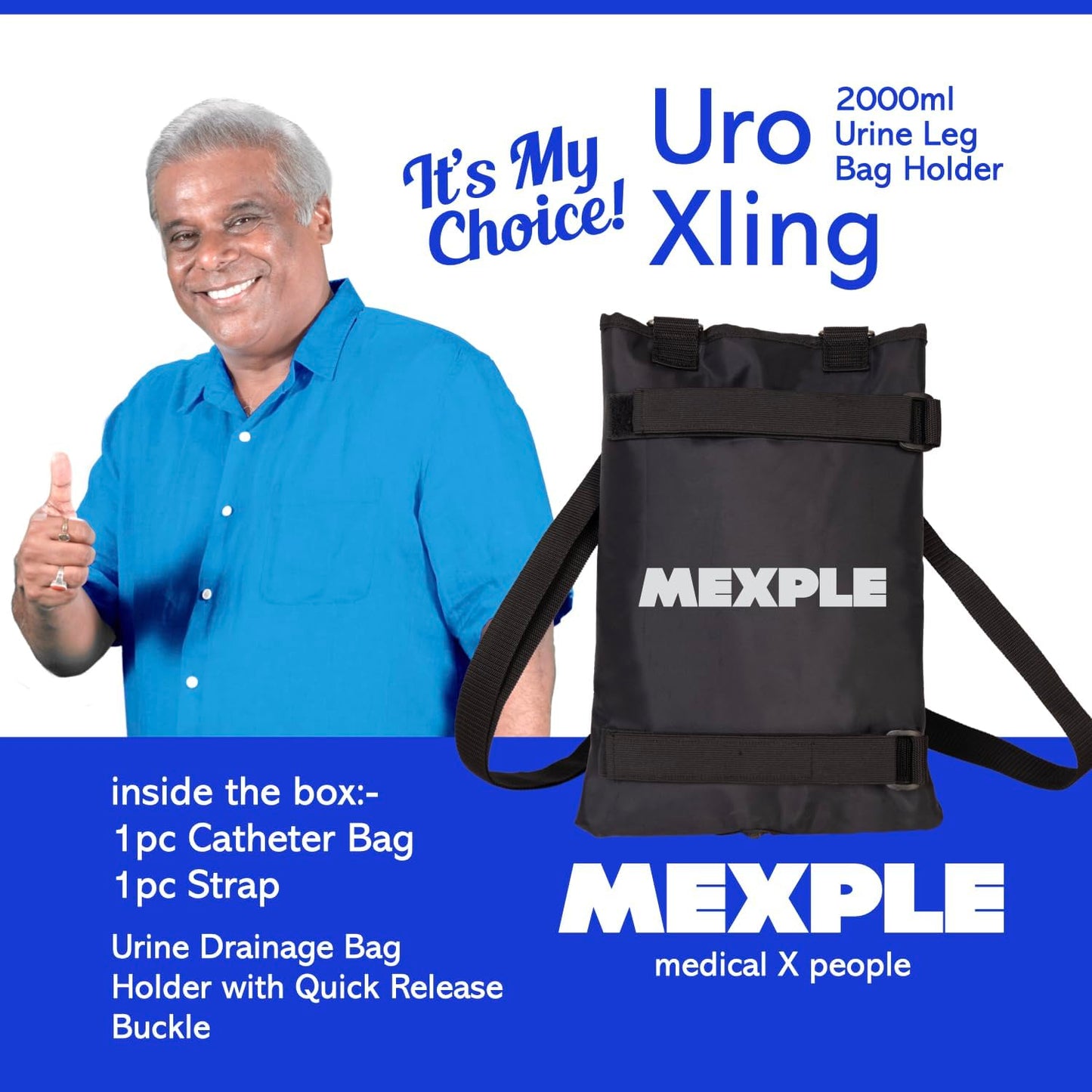 MEXPLE UroXling Catheter Urinary Bag Holder | Urine Drainage Leg Bag Holder with Adjustable Strap | For Dialysis & Incontinence Patients for Home, Outdoor, Wheelchair & Bed - Black (2000ML)
