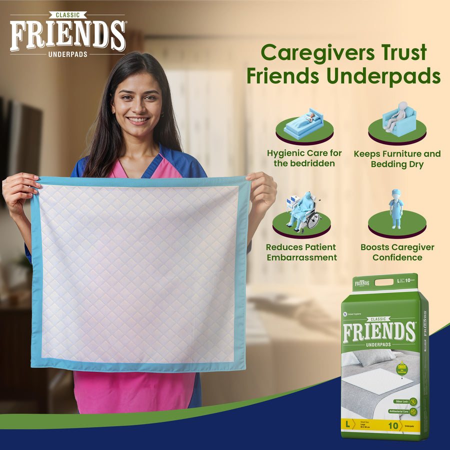 FRIENDS CLASSIC UNDERPADS, LARGE 60 X 90 CM, SUPER ABSORBENT POLYMER & SOFT SURFACE, 10S PACK