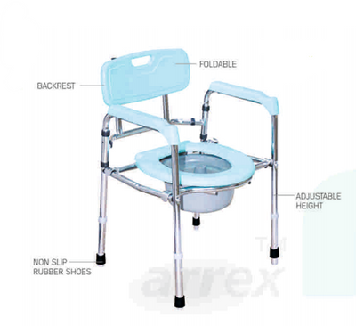 ARREX VP130 COMMODE CHAIR: CHROMED STEEL, FOLDABLE, HEIGHT ADJUSTABLE, ATTACHED POT, SAFE AND SECURE
