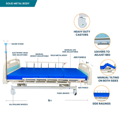ARREX AMADO 3-FUNCTION MANUAL BED WITH INCLUDED MATTRESS - 150KG LOAD CAPACITY