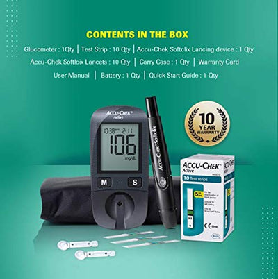 ACCU-CHEK ACTIVE BLOOD GLUCOSE GLUCOMETER KIT WITH VIAL OF 10 STRIPS
