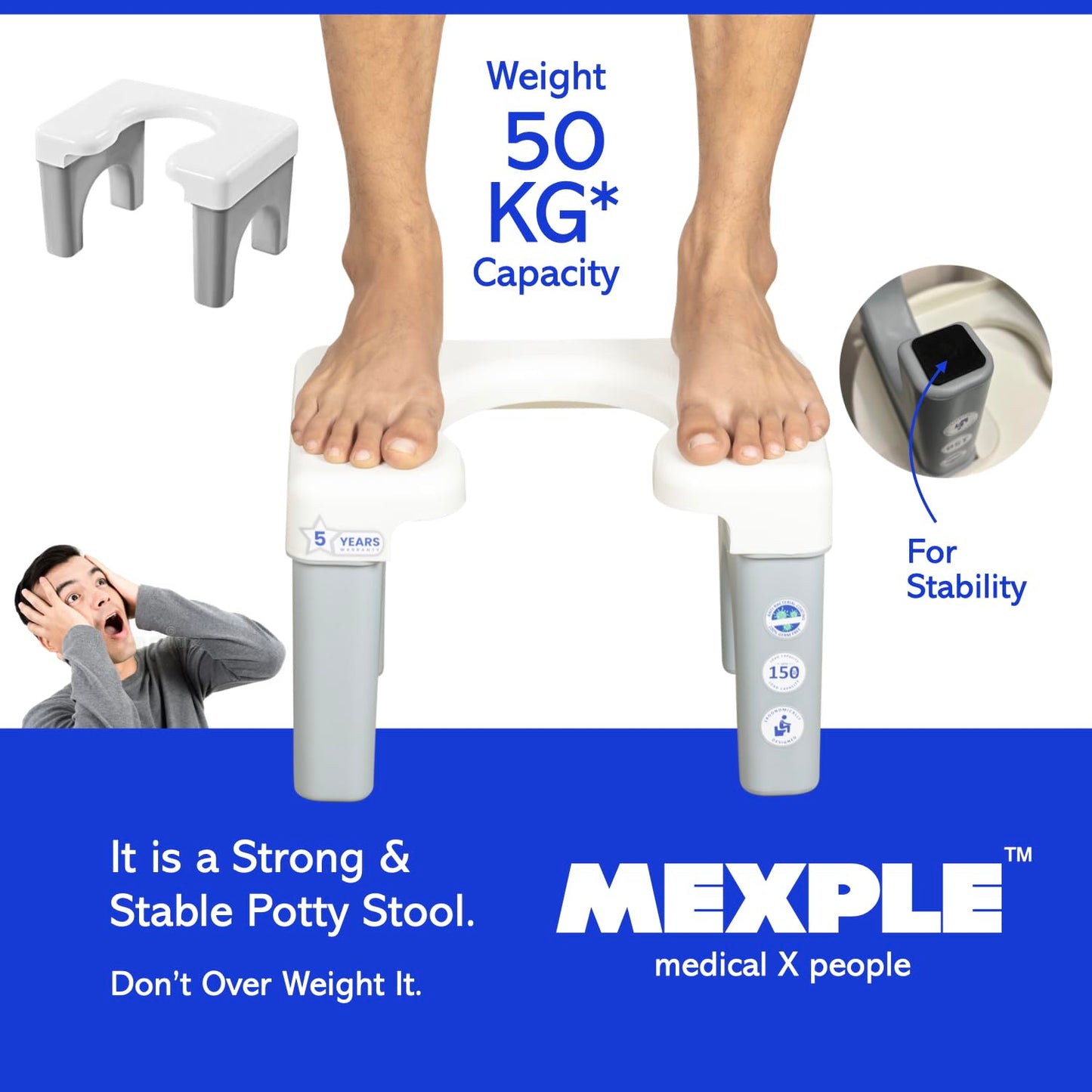 MEXPLE Xumo50 Potty Squat Stool Portable Indian to Western Toileting | Indian Toilet Commode Stool | Portable Toilet Seat for Adult, Kids, Elderly, Handicap People - Height 22cm/8.6Inches (White)