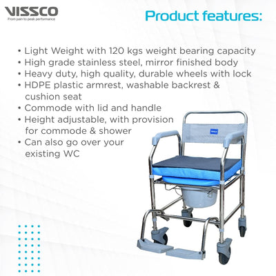 VISSCO Stainless Steel Shower Commode Wheelchair - P.C.No. 9969