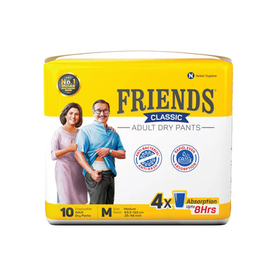 Friends Classic Adult Diapers Pants Style - 10 Count (Medium) with odour lock and Anti-Bacterial Absorbent Core- Waist Size 25-48 inch ; 63.5-122cm