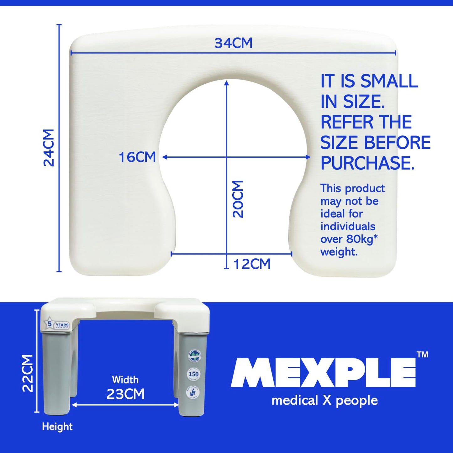 MEXPLE Xumo50 Potty Squat Stool Portable Indian to Western Toileting | Indian Toilet Commode Stool | Portable Toilet Seat for Adult, Kids, Elderly, Handicap People - Height 22cm/8.6Inches (White)