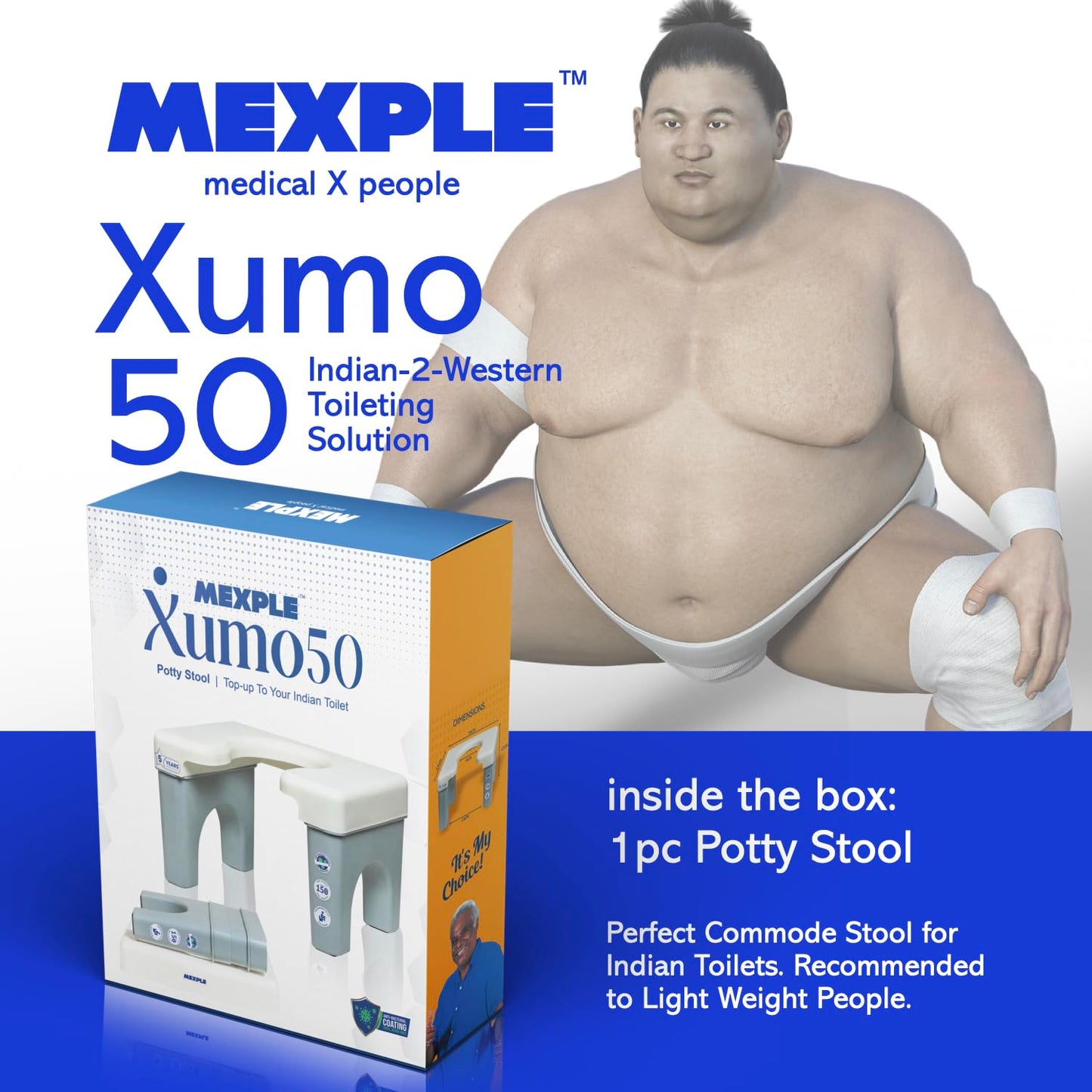 MEXPLE Xumo50 Potty Squat Stool Portable Indian to Western Toileting | Indian Toilet Commode Stool | Portable Toilet Seat for Adult, Kids, Elderly, Handicap People - Height 22cm/8.6Inches (White)