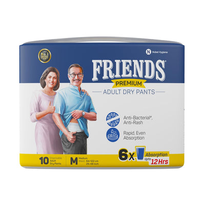 Friends Premium Adult Diapers Pant Style - 10 Count - with odour lock and Anti-Bacterial Absorbent Core