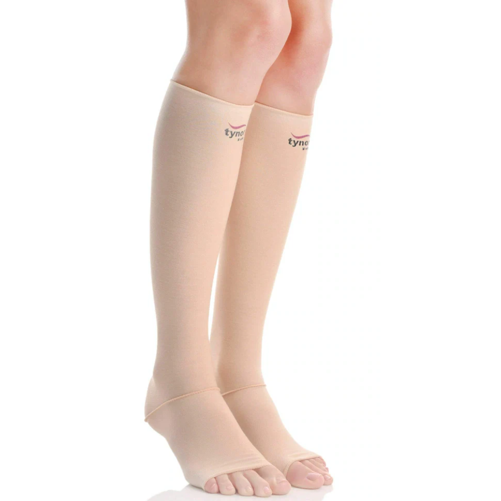 TYNOR I-16 COMPRESSION GARMENT LEG BELOW KNEE OPEN TOE, BEIGE, 1 PAIR