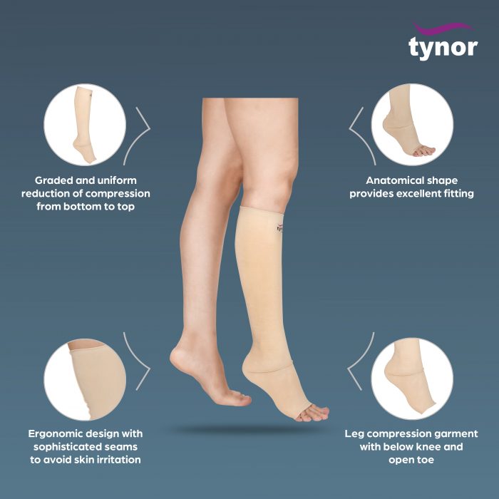 TYNOR I-16 COMPRESSION GARMENT LEG BELOW KNEE OPEN TOE, BEIGE, 1 PAIR
