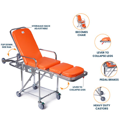 ARREX STR 20 PRO AMBULANCE STRETCHER: FOLDS INTO CHAIR POSITION, HEAVY-DUTY CASTORS WITH PEDAL BRAKES, COLLAPSIBLE LEGS, SAFETY AND VERSATILITY