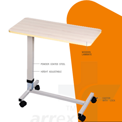 ARREX NOAH OBT 10 OVER BED TABLE - WOODEN LAMINATE, HEIGHT ADJUSTABLE, WITH ROLLING WHEELS