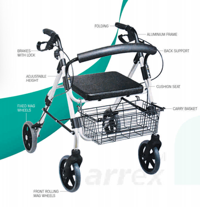 ARREX MR50 ROLLATOR - BRAKES WITH LOCK, MAG WHEELS, BACK SUPPORT, CUSHION SEAT