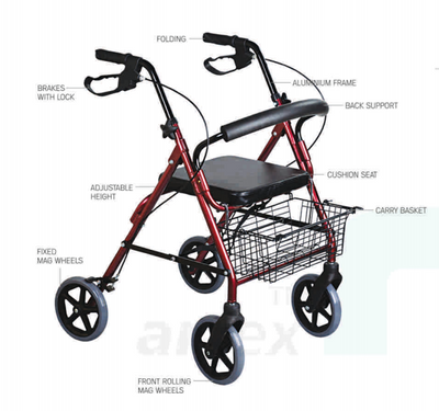 ARREX MR10 ROLLATOR - BRAKES WITH LOCK, MAG WHEELS, BACK SUPPORT, CUSHION SEAT