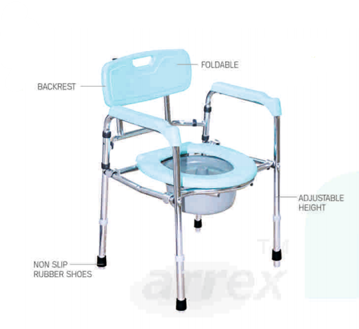 ARREX VP130 COMMODE CHAIR: CHROMED STEEL, FOLDABLE, HEIGHT ADJUSTABLE, ATTACHED POT, SAFE AND SECURE