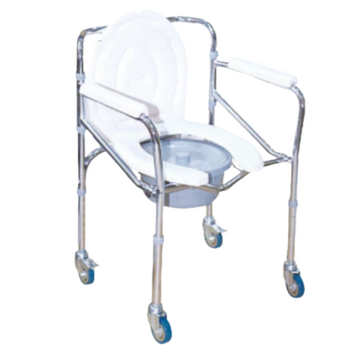 ARREX VP40 U STEEL COMMODE CHAIR: CHROMED STEEL FRAME, SOLID CASTOR WHEELS WITH BRAKES, HEIGHT ADJUSTABLE, ATTACHED POT, DURABLE AND RELIABLE